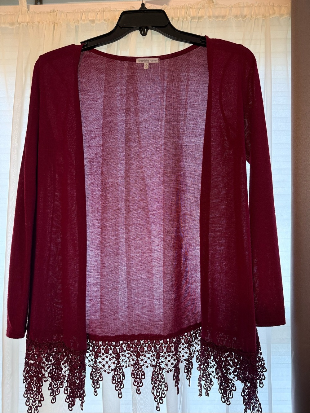 Charlotte Russe Burgundy Open Crochet-Hem Cardigan